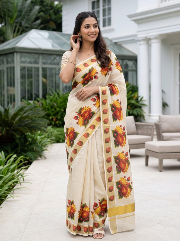 Tissue Cream Kerala Saree with Lotus Flower Print Pallu and Golden Zari Leaf Border