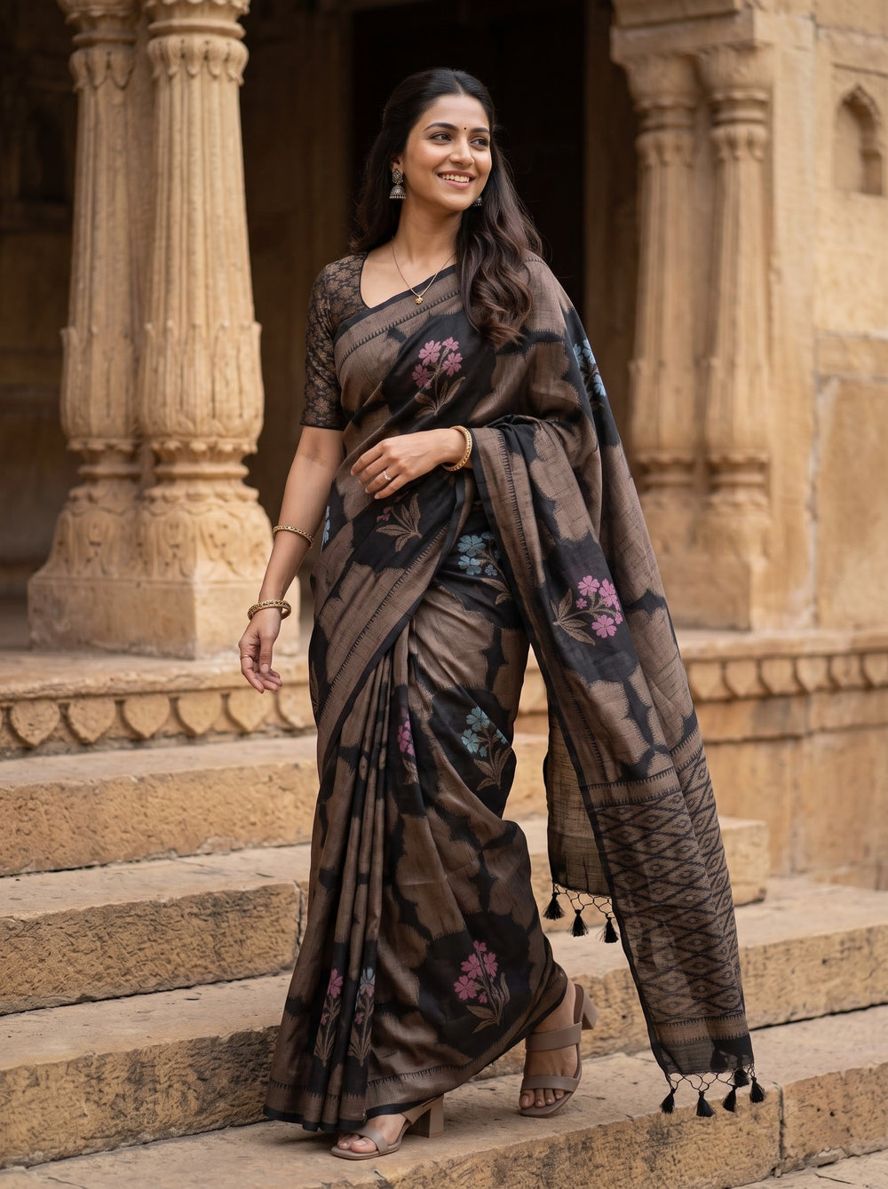 Semi Silk Black Multicolor Floral Bouquet Medallion Saree with Tassels