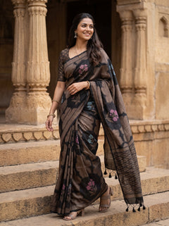 Semi Silk Black Multicolor Floral Bouquet Medallion Saree with Tassels