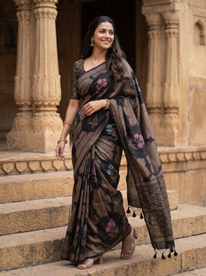 Semi Silk Black Multicolor Floral Bouquet Medallion Saree with Tassels