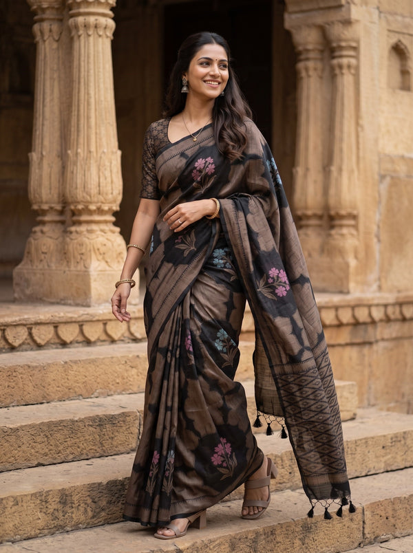 Semi Silk Black Multicolor Floral Bouquet Medallion Saree with Tassels