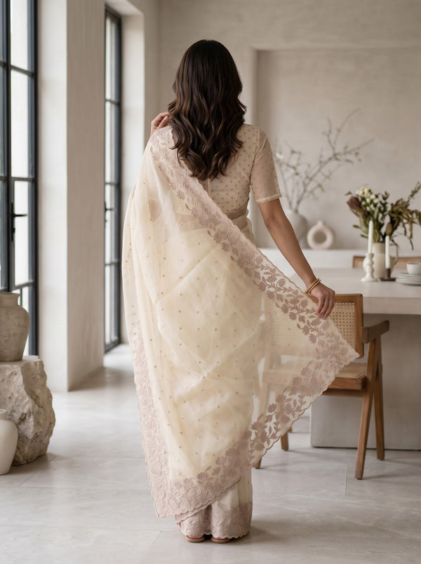 Organza Cream Saree with Mauve Floral Border Embroidery