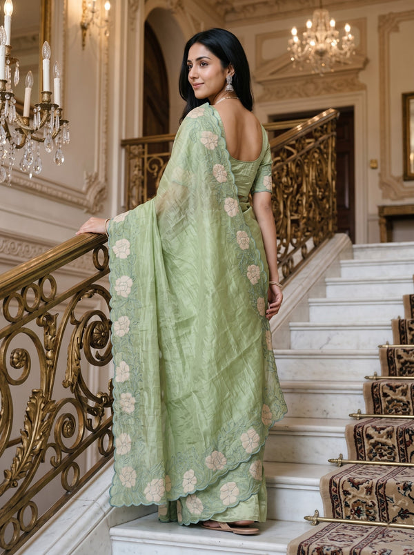 Organza Sage Green Floral Applique Vine Scalloped Border