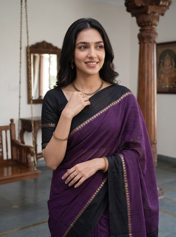 Cotton Silk Purple Black Dual Tone Solid Saree