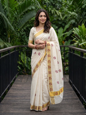 Cotton Cream Maroon Hibiscus Print Kerala Saree with Golden Zari Border