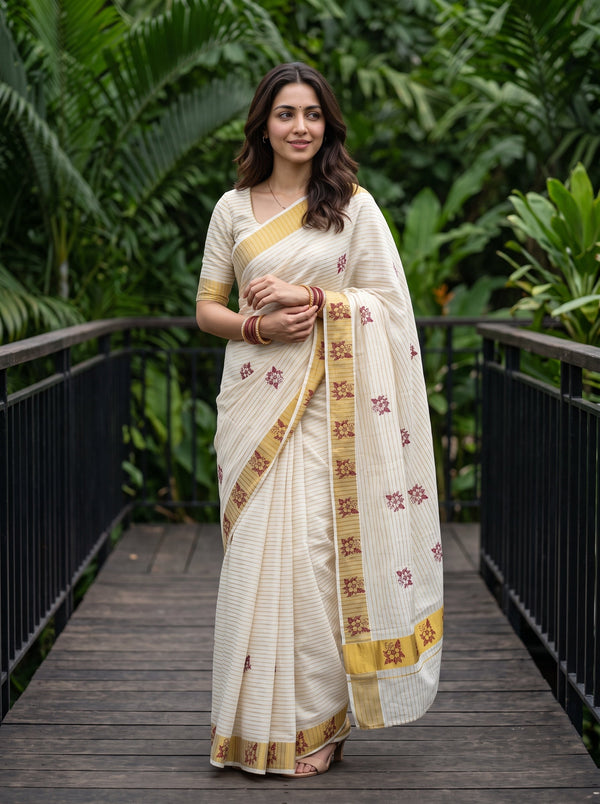 Cotton Cream Maroon Hibiscus Print Kerala Saree with Golden Zari Border