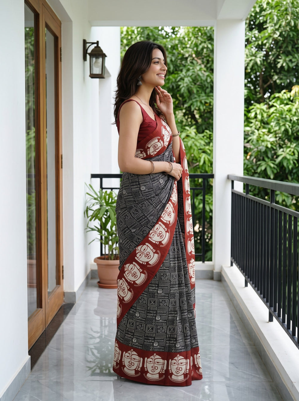Synthetic Black Rust Red Script Print Jagannath Face Motif Saree