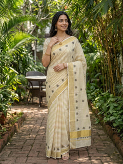 Cotton Cream Floral Butta Print Kerala Saree with Golden Zari Border