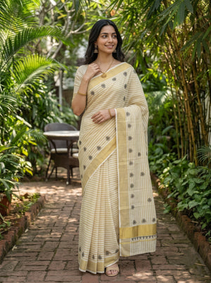 Cotton Cream Floral Butta Print Kerala Saree with Golden Zari Border