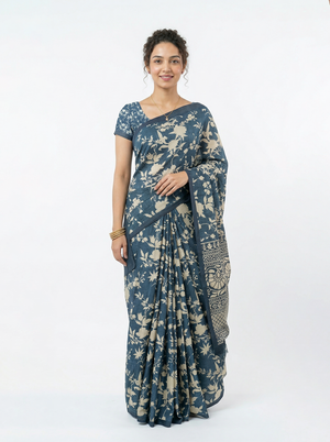 Semi Jute Steel Blue Floral Print Saree