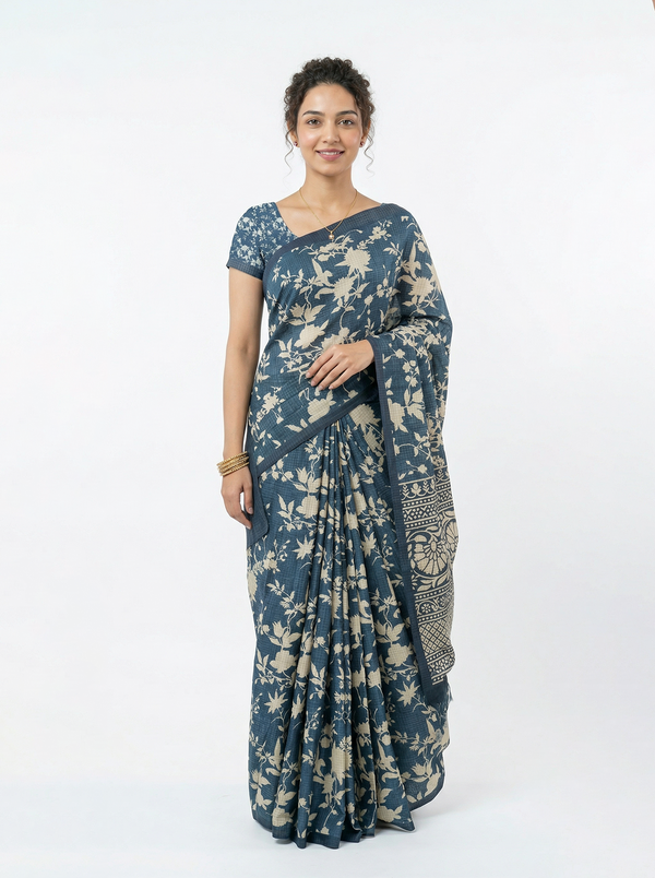 Semi Jute Steel Blue Floral Print Saree