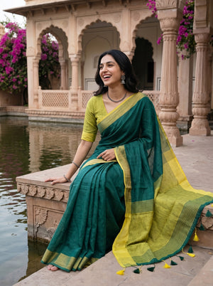 Linen Green Yellow Colorblock Striped Border Saree