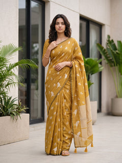 Cotton Silk Mustard Yellow Saree with Golden Bird Motif Pallu