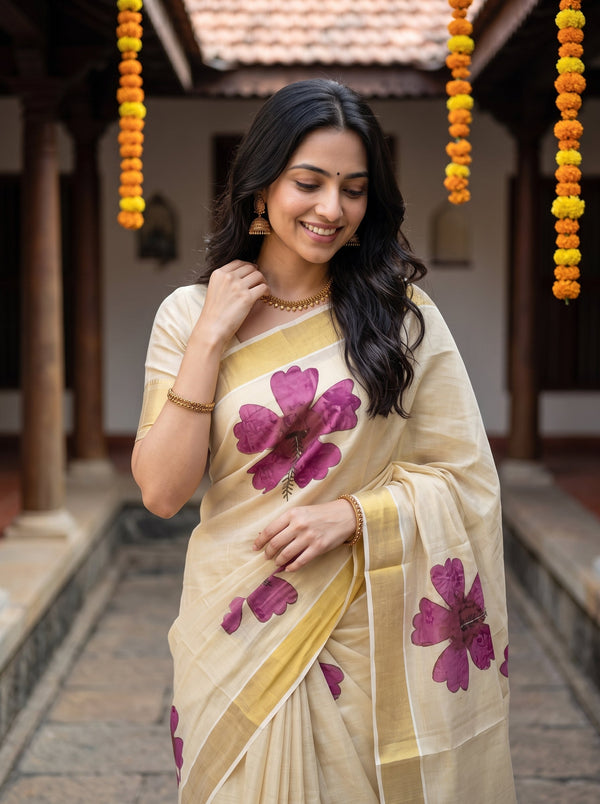 A woman wearing a beige saree with large purple floral prints and a yellow border, standing in a traditional courtyard with hanging orange marigold garlands.