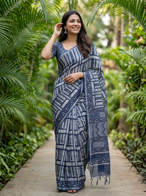 Cotton Linen Indigo Blue Tribal Geometric Print Saree with Tassels