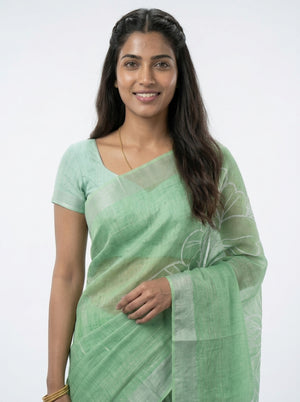 Linen Sea Green Floral Print Saree with Silver Striped Border