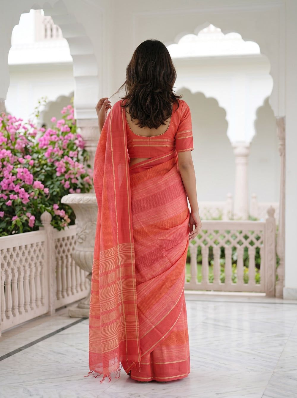 Chanderi Cotton Red Ombre Vertical Stripe Saree with Golden Zari Pallu