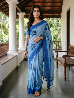 Cotton Sky Blue Navy Face Print Royal Blue Ombre Border Saree