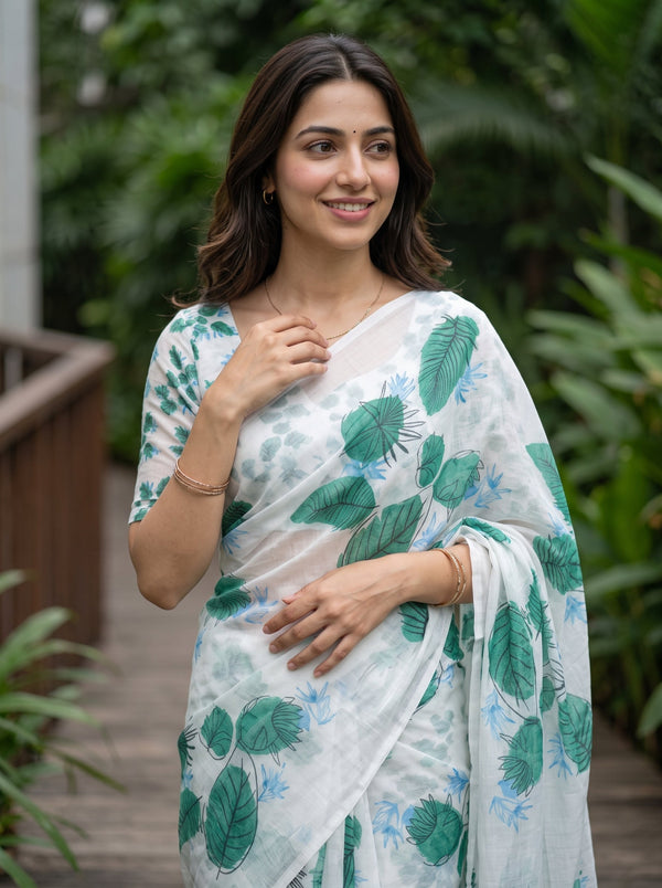 Cotton White Body with Green Tropical Leaf Print Saree