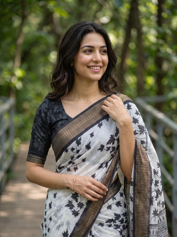 Polycotton White Black Maple Leaf Print Saree with Greek Key Chevron Border Pallu