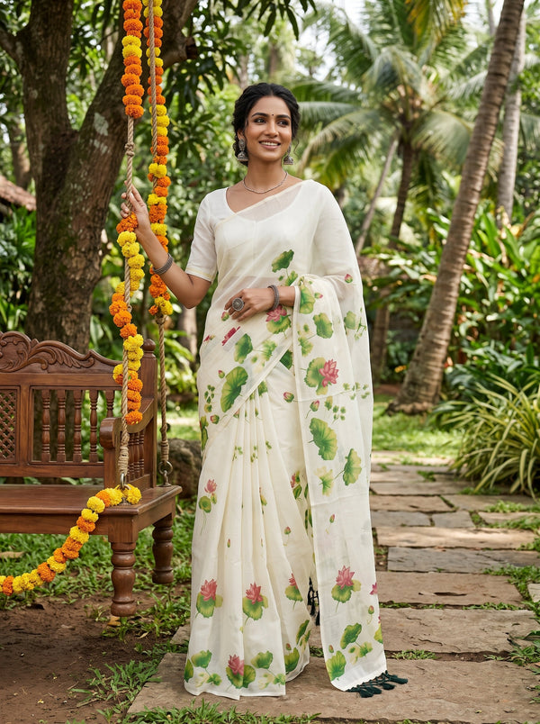 A woman wearing a white saree with green and pink lotus print stands outdoors in a garden next to a wooden swing decorated with orange marigold garlands.