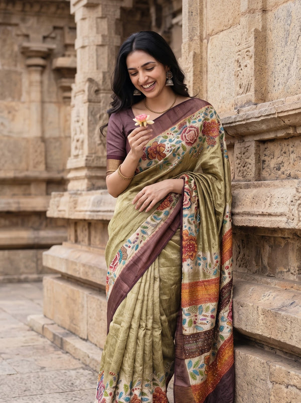 Tussar Silk Olive Green Saree with Kantha Embroidered Rose Floral Pallu