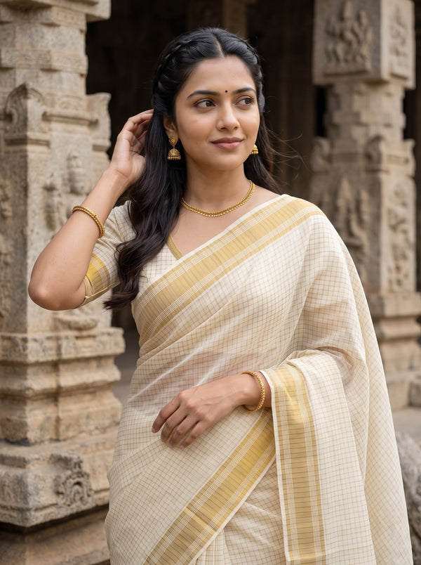 Cotton Cream Kerala Saree with Checkered Design, Golden Zari and Purple Striped Border