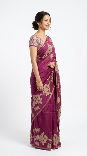 Cotton Purple Floral Embroidered Saree