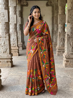 Tussar Silk Rust Orange Saree with Kantha Hand Embroidery Floral Pallu