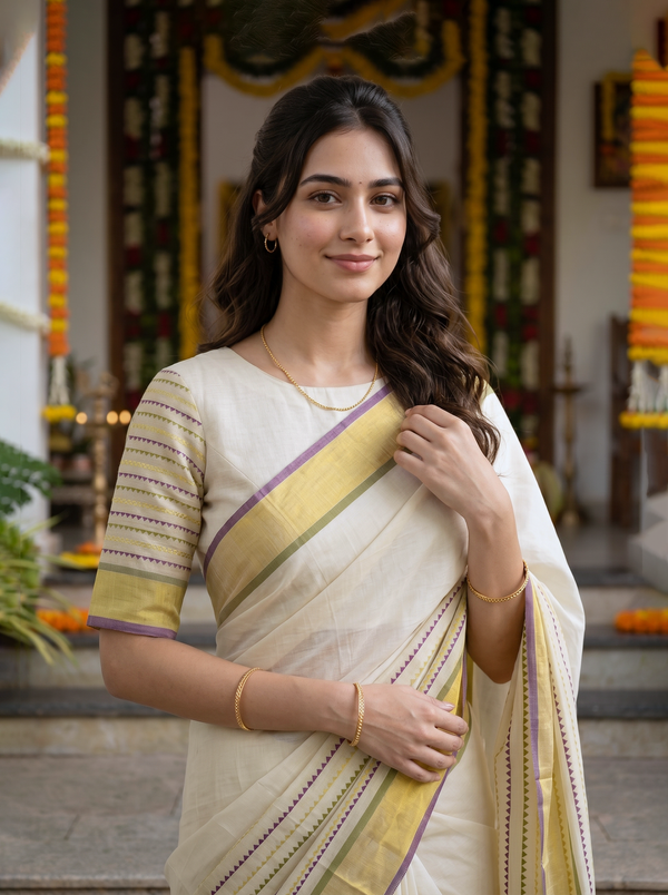Cotton Cream Checkered Body Striped Gold Border Kerala Kasavu Set Saree