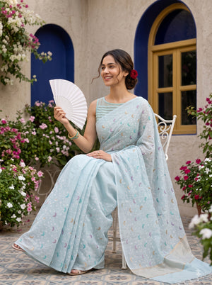 Mul Chanderi Silk Light Blue White Floral Vine Multicolor Dot Motif Pallu Saree