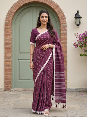 Linen Wine White Striped Border Tasseled Saree