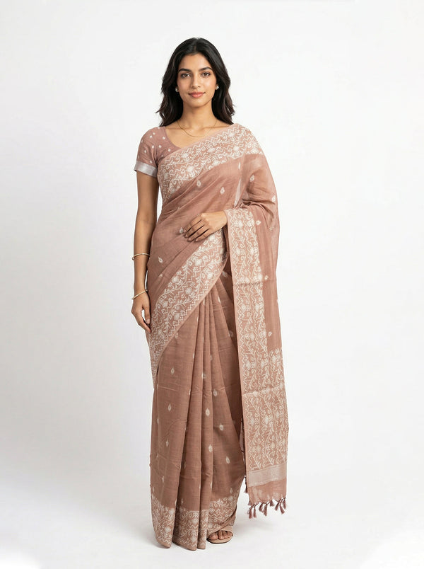 Cotton Dusty Brown Woven Border Saree