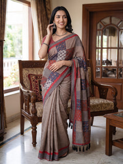 Cotton Rust Patchwork Print Chevron Border Saree