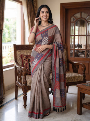 Cotton Rust Patchwork Print Chevron Border Saree