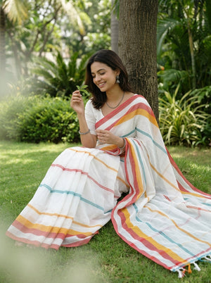 Cotton White & Multicolor Stripe Saree with Tassel Pallu
