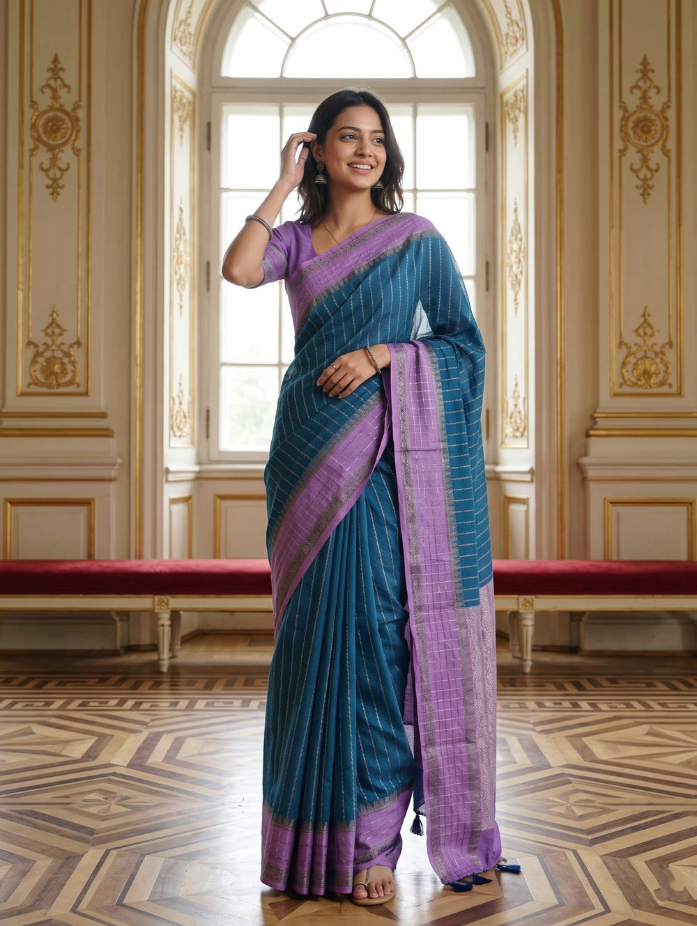 Semi Silk Teal Saree with Purple Zari Woven Border and Pallu