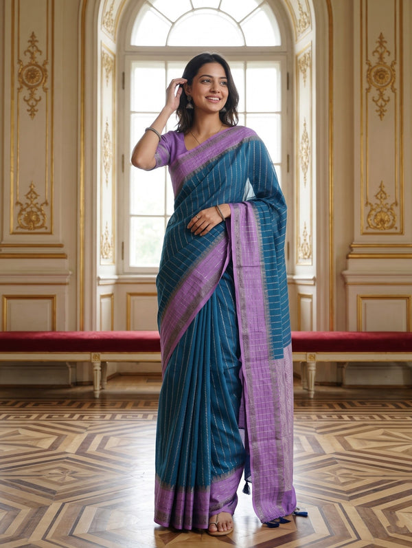 Semi Silk Teal Saree with Purple Zari Woven Border and Pallu