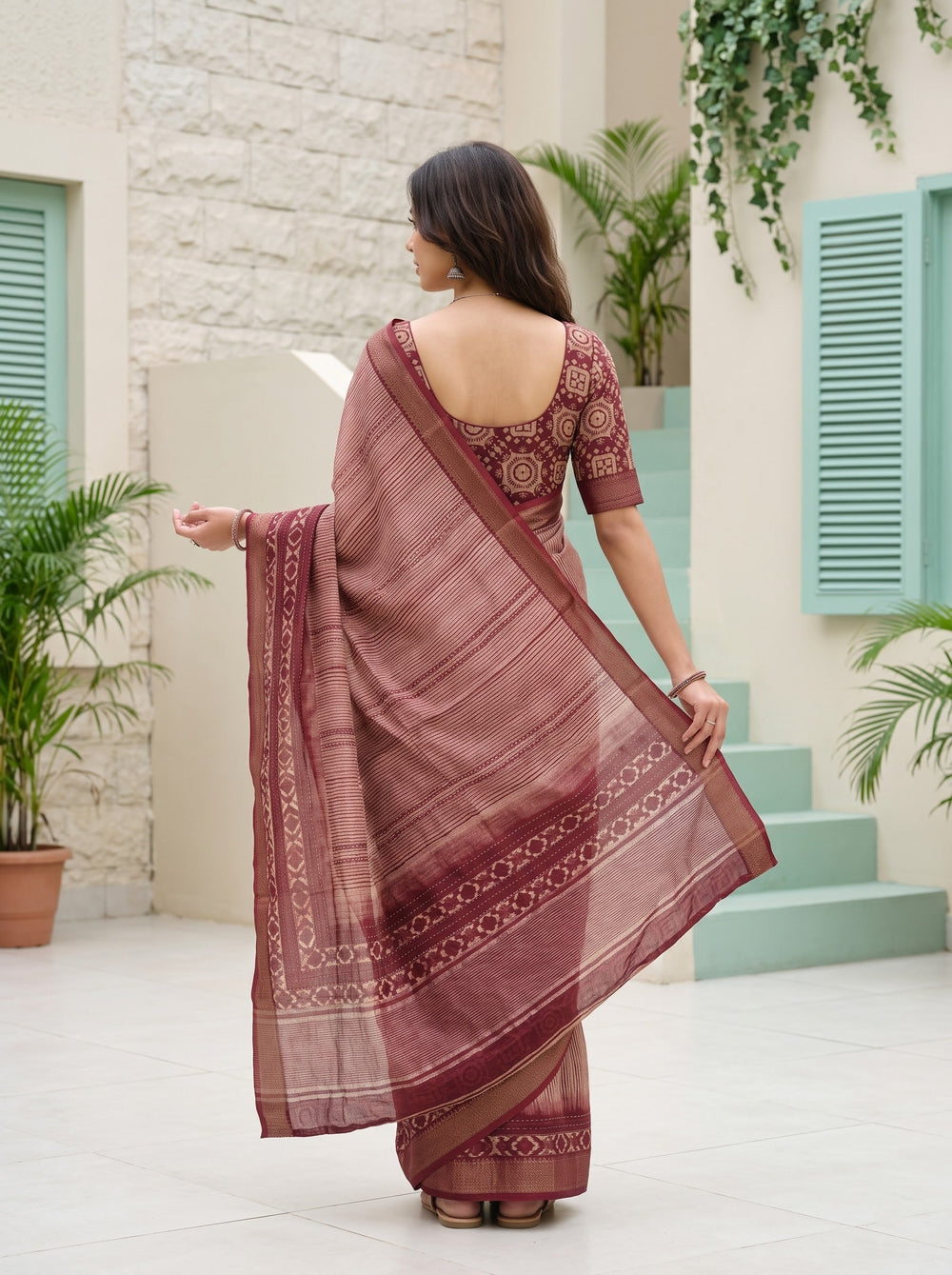 Pure Chanderi Maroon Saree with Ikat Stripe Print and Diamond Border