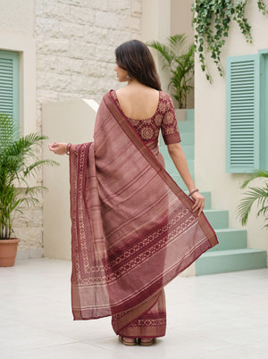 Pure Chanderi Maroon Saree with Ikat Stripe Print and Diamond Border