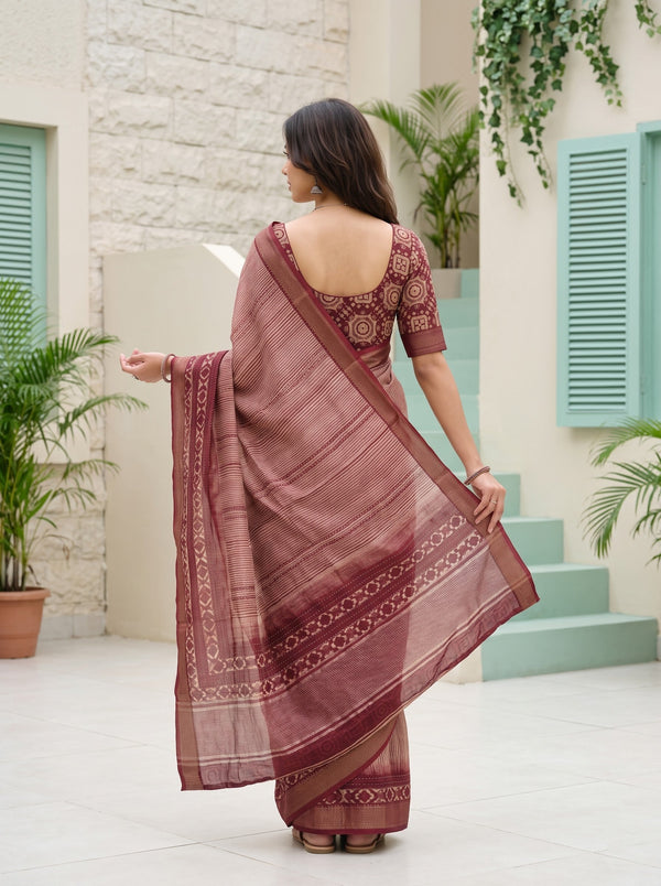 Pure Chanderi Maroon Saree with Ikat Stripe Print and Diamond Border