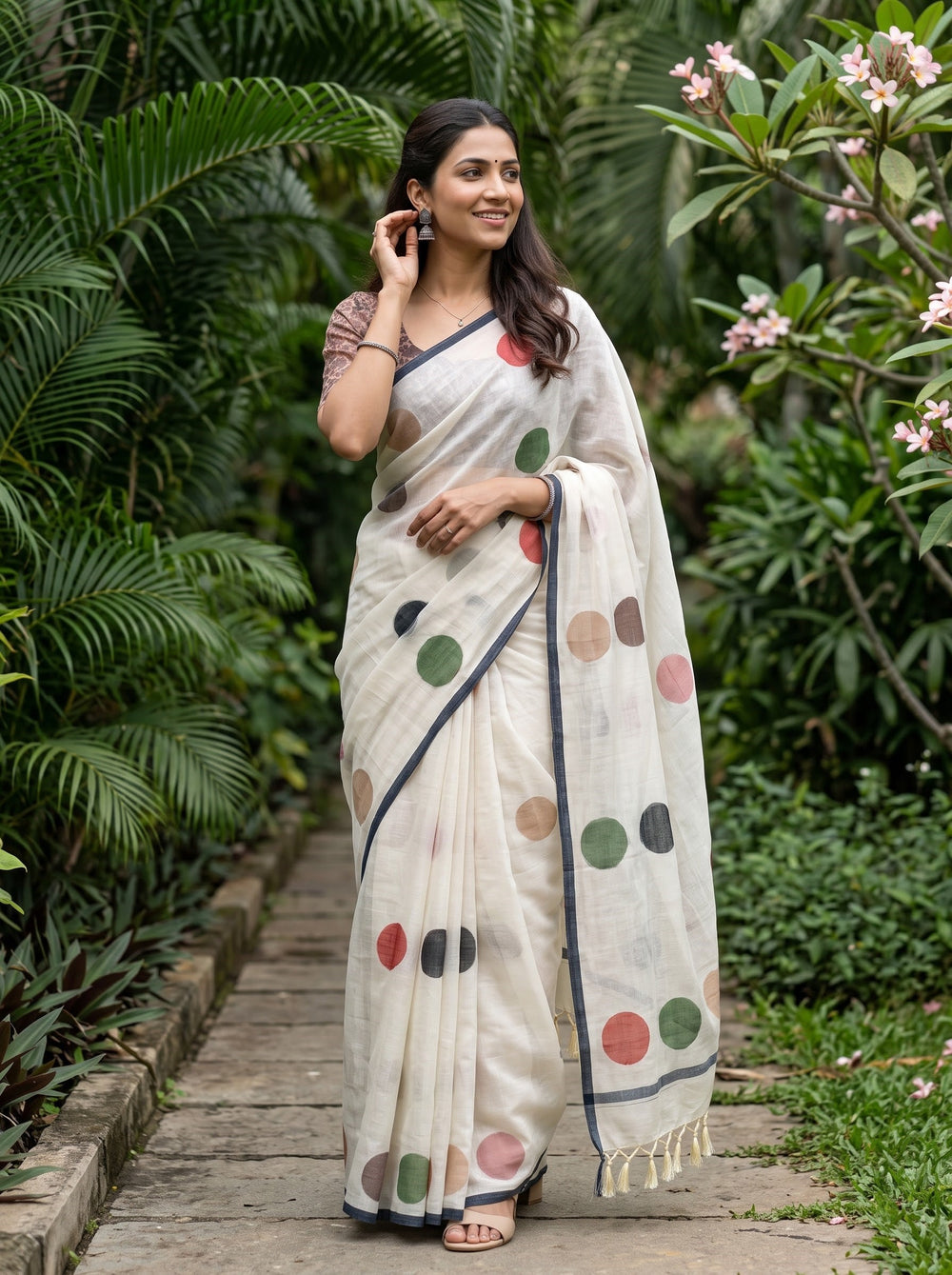 Cotton Linen Saree in Cream with Scattered Multicolor Circle Print and Dark Grey Trim