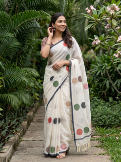 Cotton Linen Saree in Cream with Scattered Multicolor Circle Print and Dark Grey Trim