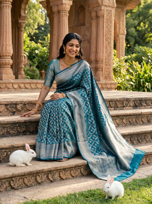 Brocade Silk Peacock Blue Saree with Golden Zari Floral Jaal Weave
