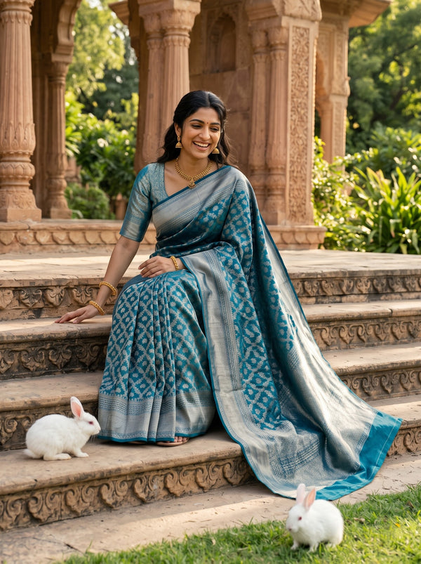 Brocade Silk Peacock Blue Saree with Golden Zari Floral Jaal Weave
