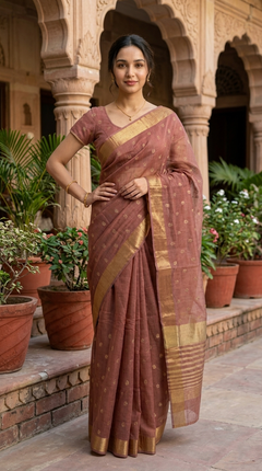 Woman in a traditional saree standing in an outdoor setting with plants and architectural elements.