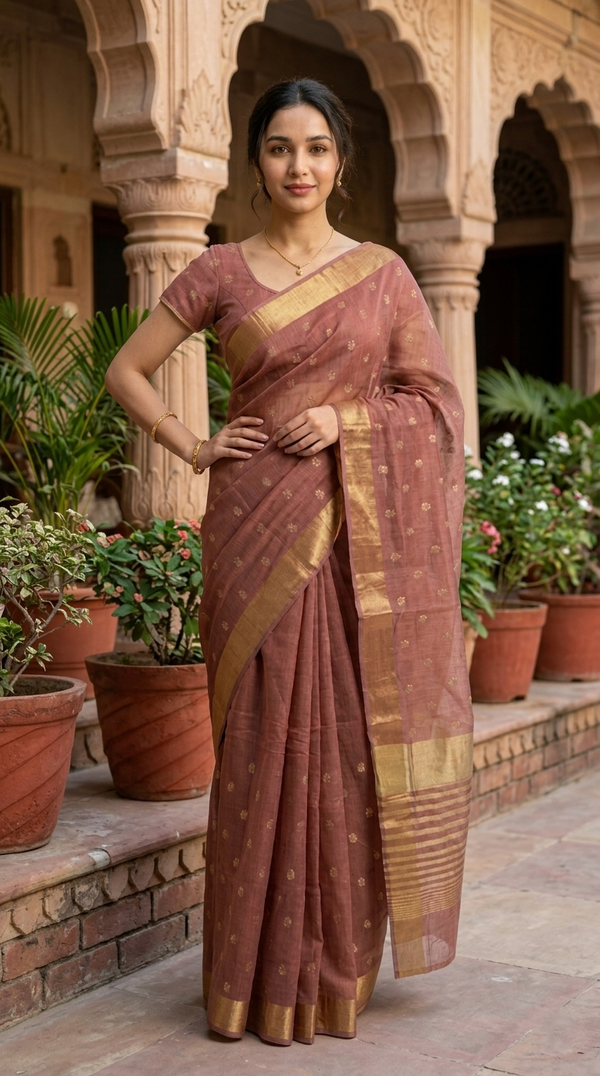 Woman in a traditional saree standing in an outdoor setting with plants and architectural elements.