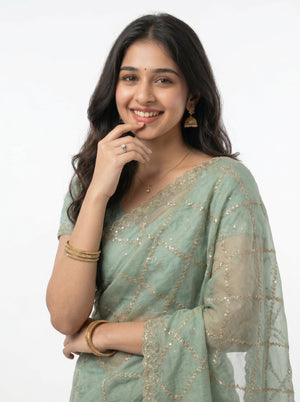 Shimmer Organza Sage Green Sequin Embroidered Trellis Saree with Scalloped Border