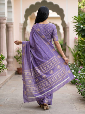 Chanderi Purple Peacock Medallion Floral Paisley Pallu Saree