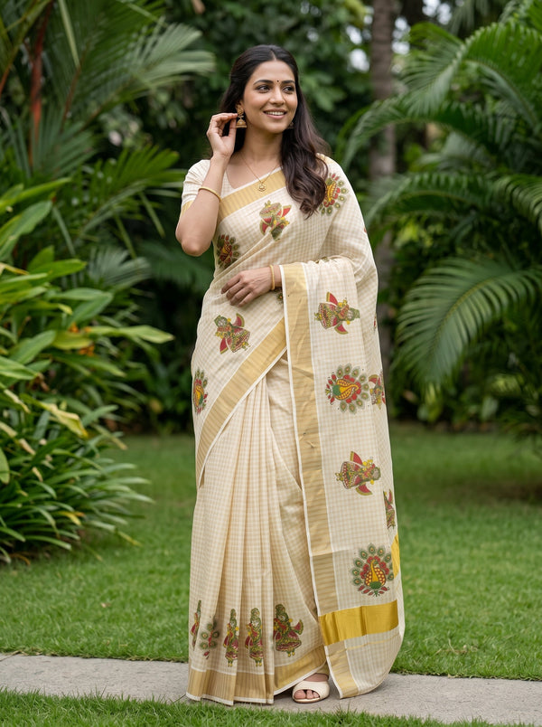 Tissue Cream Radha Krishna Peacock Print Kerala Saree with Golden Border